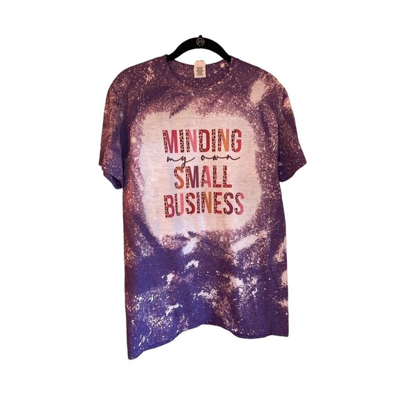 Minding My Own Small Business Purple Bleached T-Shirt Gildan Medium Ring Spun Co - Picture 1 of 4
